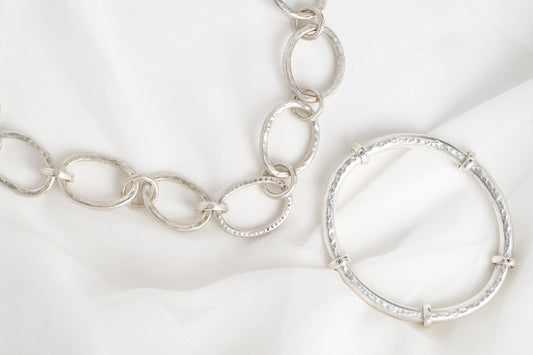 Chunky Silver Diamond Bangle & Necklace Set