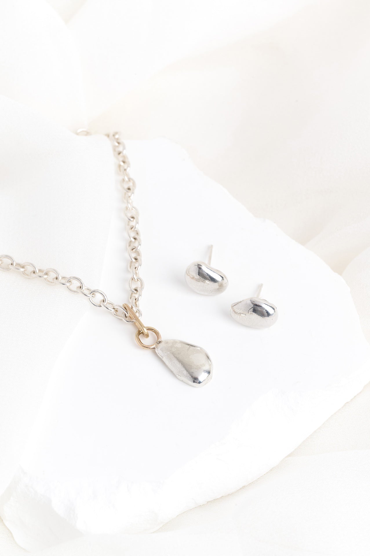 Silver Pebble Necklace & Stud Set